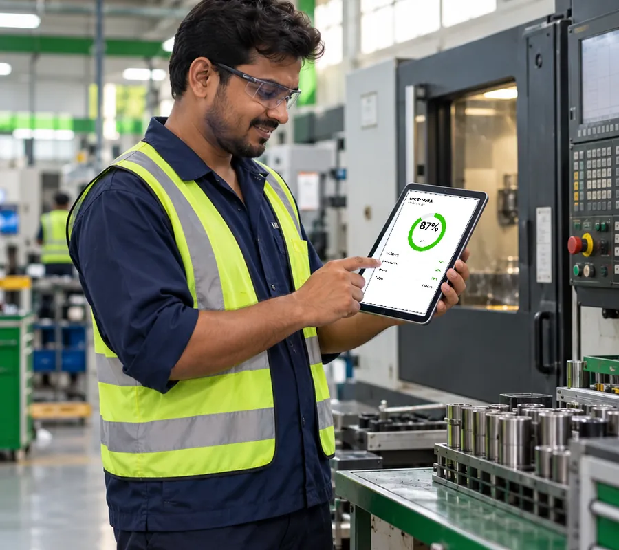 The same engineer checking live line OEE on a tablet beside the machine