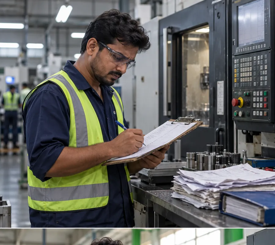 Engineer writing machine readings on a paper checklist next to a stack of binders