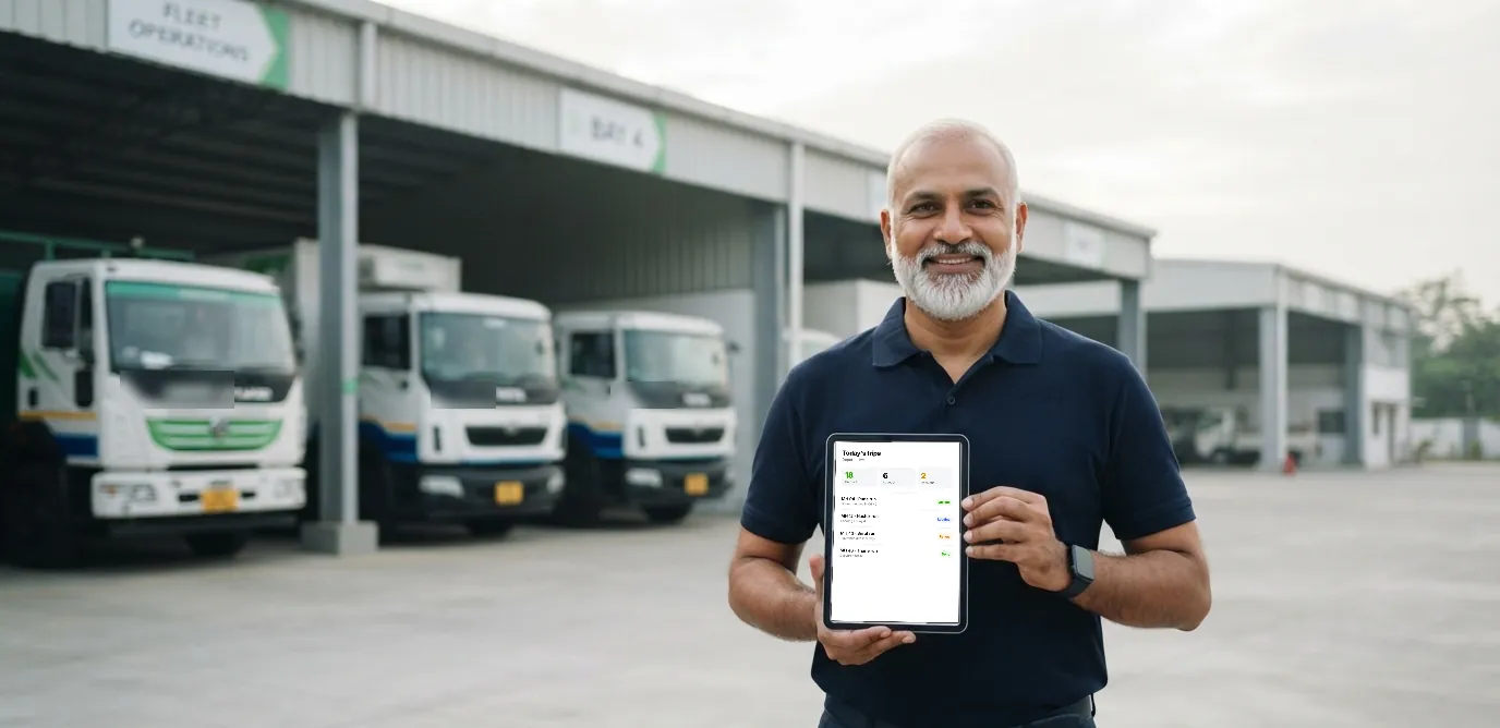 Fleet manager at a truck depot holding a tablet with today's trips and document alerts
