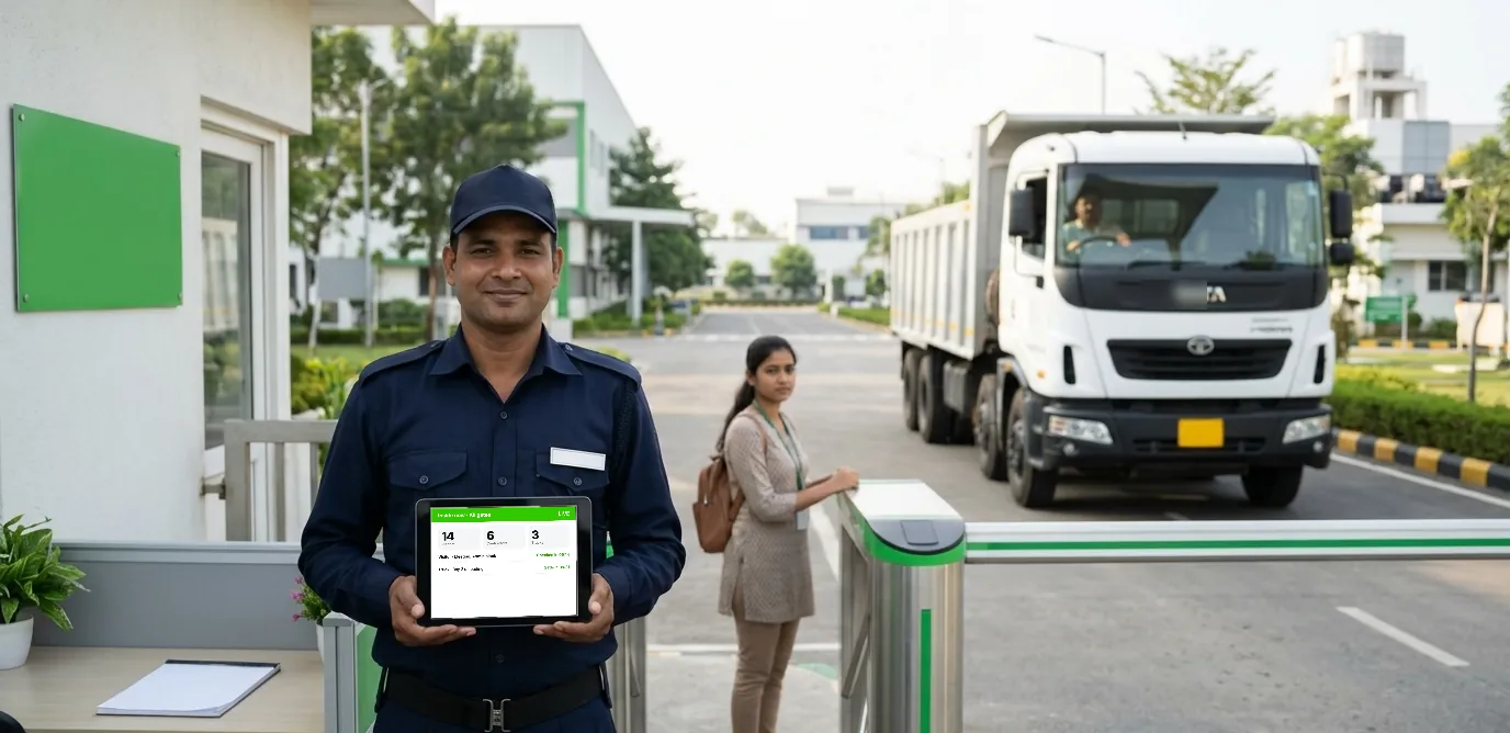 Security guard at a plant gate holding a tablet with the live count of visitors, contractors and trucks inside