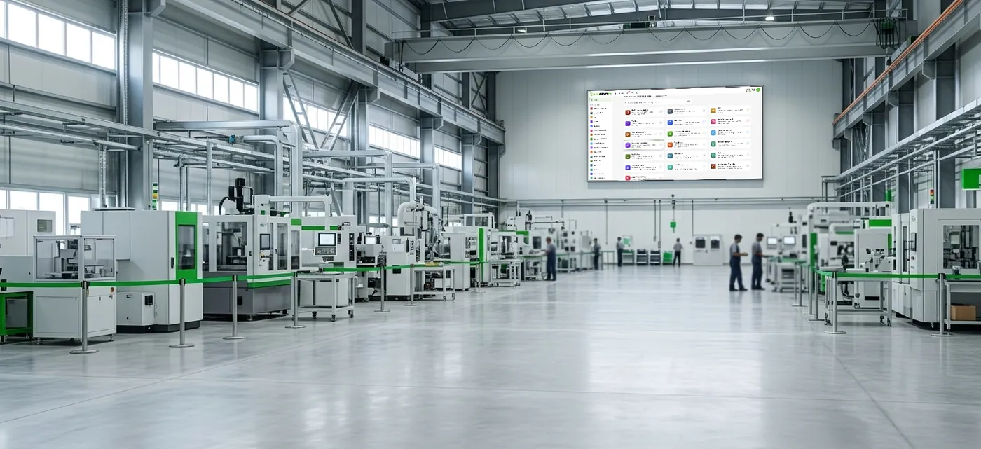 Modern manufacturing hall with the platform's module screen on a large wall display