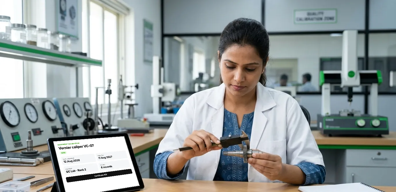 Quality technician measuring a part with a caliper next to a tablet showing the instrument's calibration record