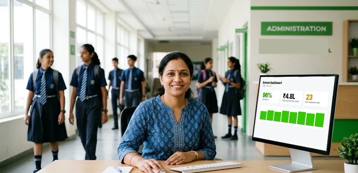 School administrator at the front office with the school dashboard on screen