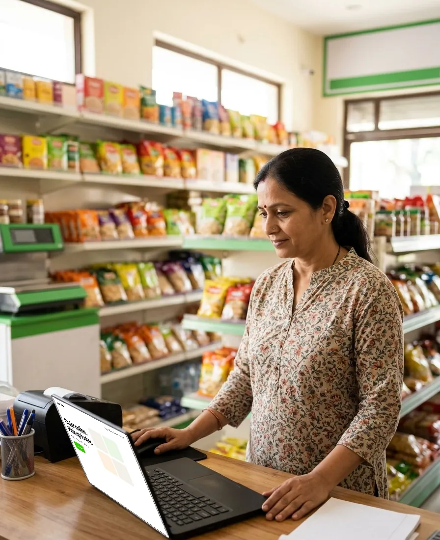 Shop owner managing her online store on a laptop at the counter