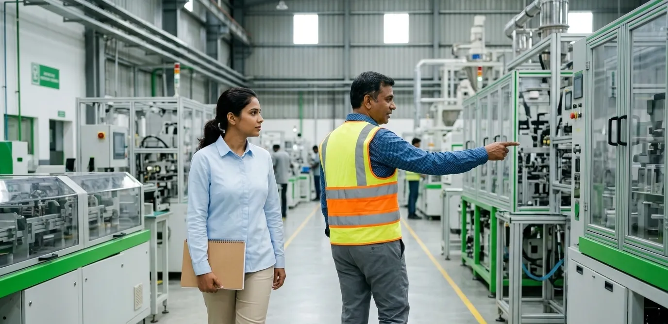 Supervisor walking an engineer through a production line during a process study
