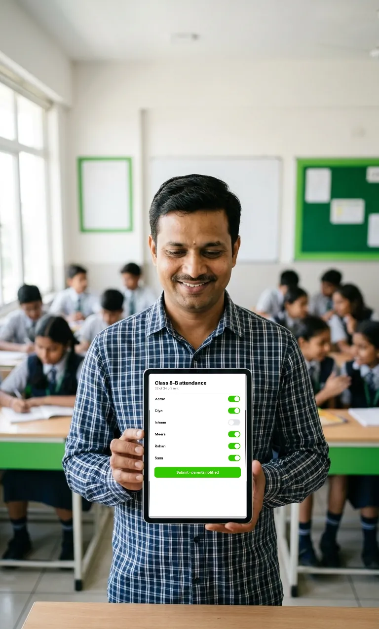 Teacher taking class attendance on a tablet
