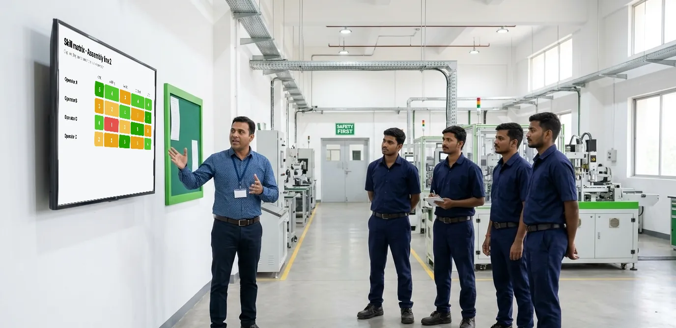 Trainer explaining the skill matrix on a shop-floor screen to four operators