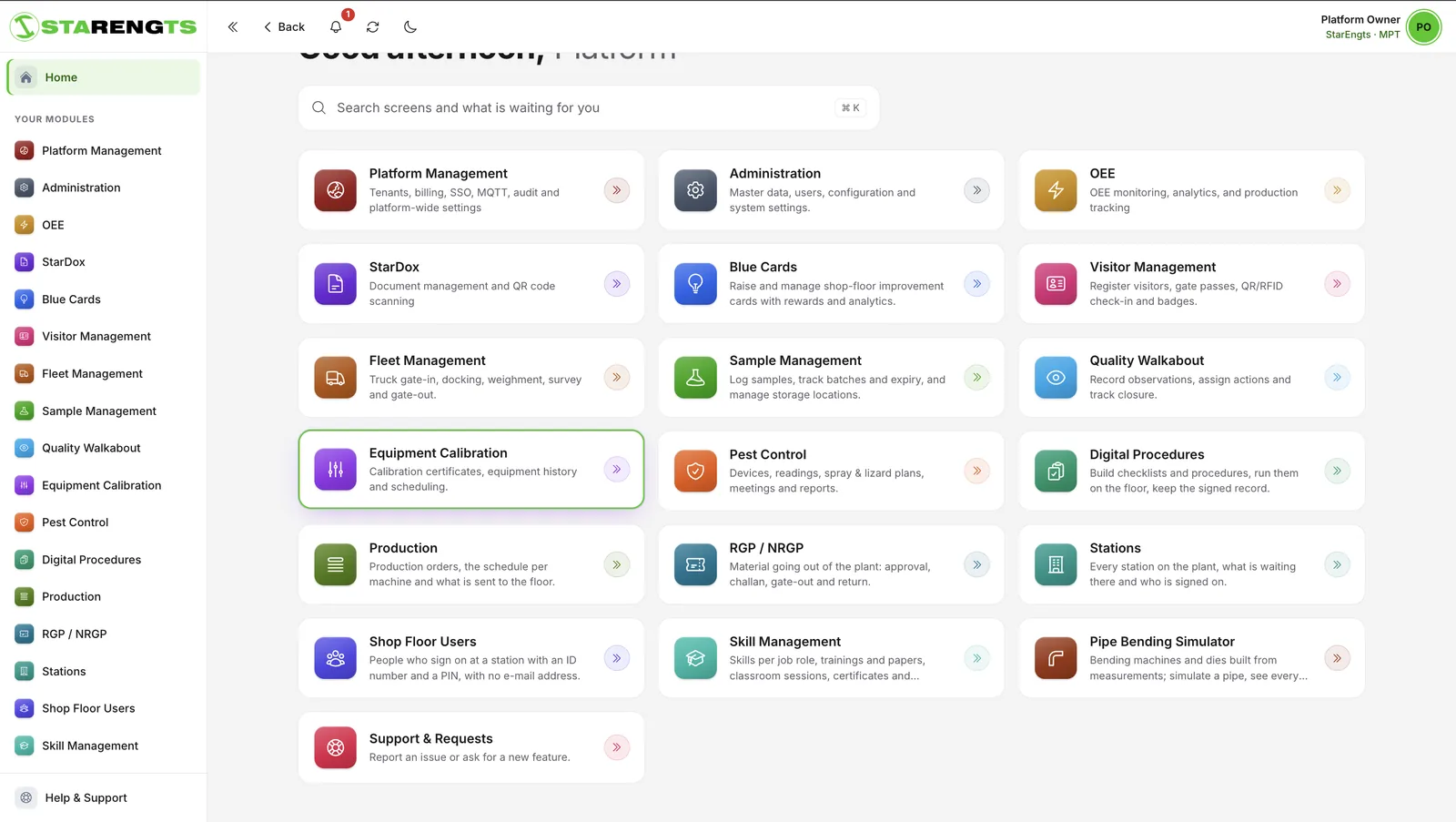 Starengts platform home screen listing 19 modules including OEE, StarDox, Blue Cards, Visitor Management and Pipe Bending Simulator