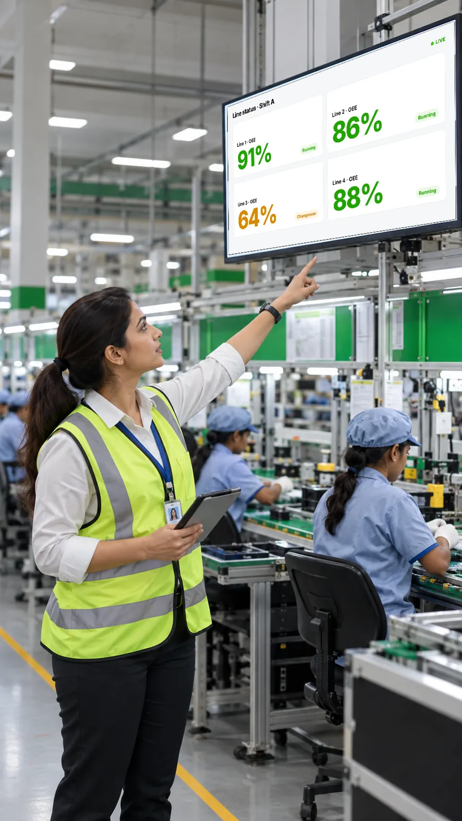 Production supervisor pointing at a live line status board on the shop floor